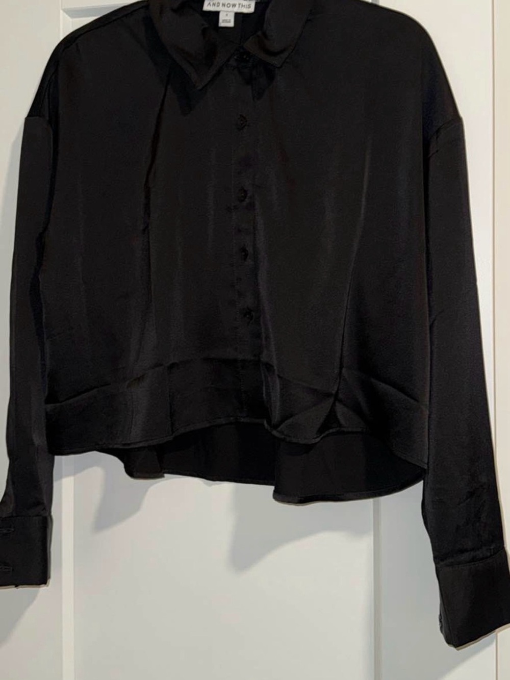 Cropped Relaxed Black Satin Button-Front Blouse